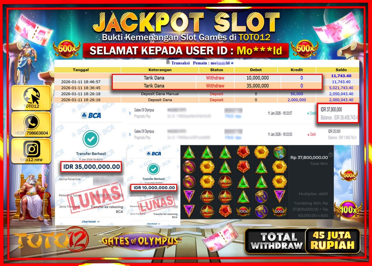 HANYA DI TOTO12 JP PASTI DI BAYAR LUNAS DAN CEPAT!!!!!! JACKPOT SLOT GAME (GATES OF OLYMPUS) Rp.45.000.000 !!!!