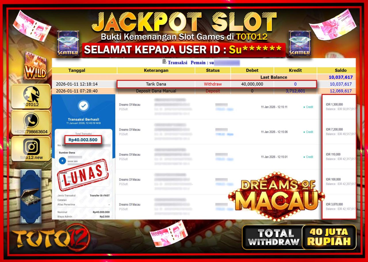 HANYA DI TOTO12 JP PASTI DI BAYAR LUNAS DAN CEPAT!!!!!! JACKPOT SLOT GAME (DREAMS OF MACAU) Rp.40.000.000 !!!!