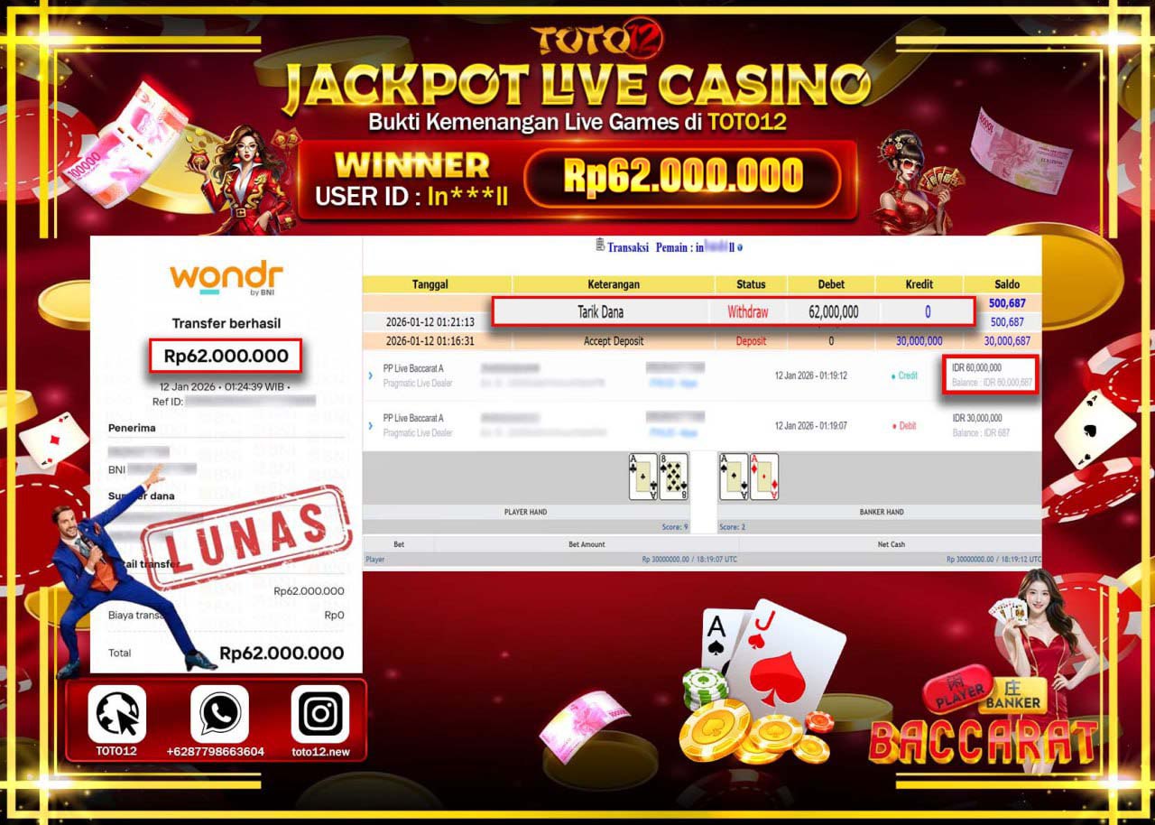 HANYA DI TOTO12 JP PASTI DI BAYAR LUNAS DAN CEPAT!!!!!! JACKPOT LIVE CASINO (LIVE BACCARAT) Rp.62.000.000 !!!!
