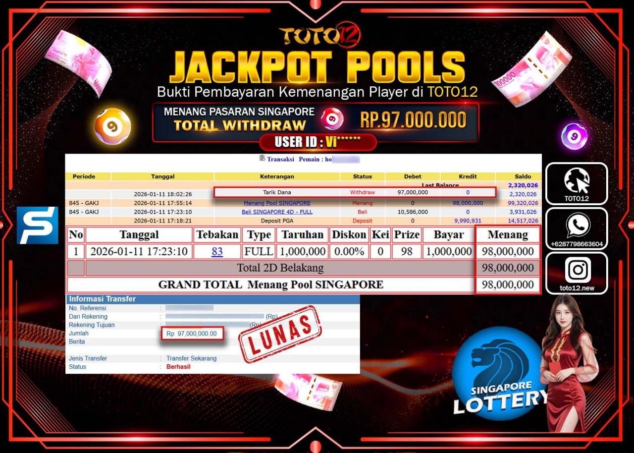 HANYA DI TOTO12 JP PASTI DI BAYAR LUNAS DAN CEPAT!!!!!! JACKPOT POOLS PASARAN (SINGAPORE) Rp.97.000.000 !!!!