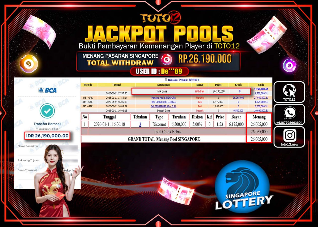 HANYA DI TOTO12 JP PASTI DI BAYAR LUNAS DAN CEPAT!!!!!! JACKPOT POOLS PASARAN (SINGAPORE) Rp.26.190.000 !!!!
