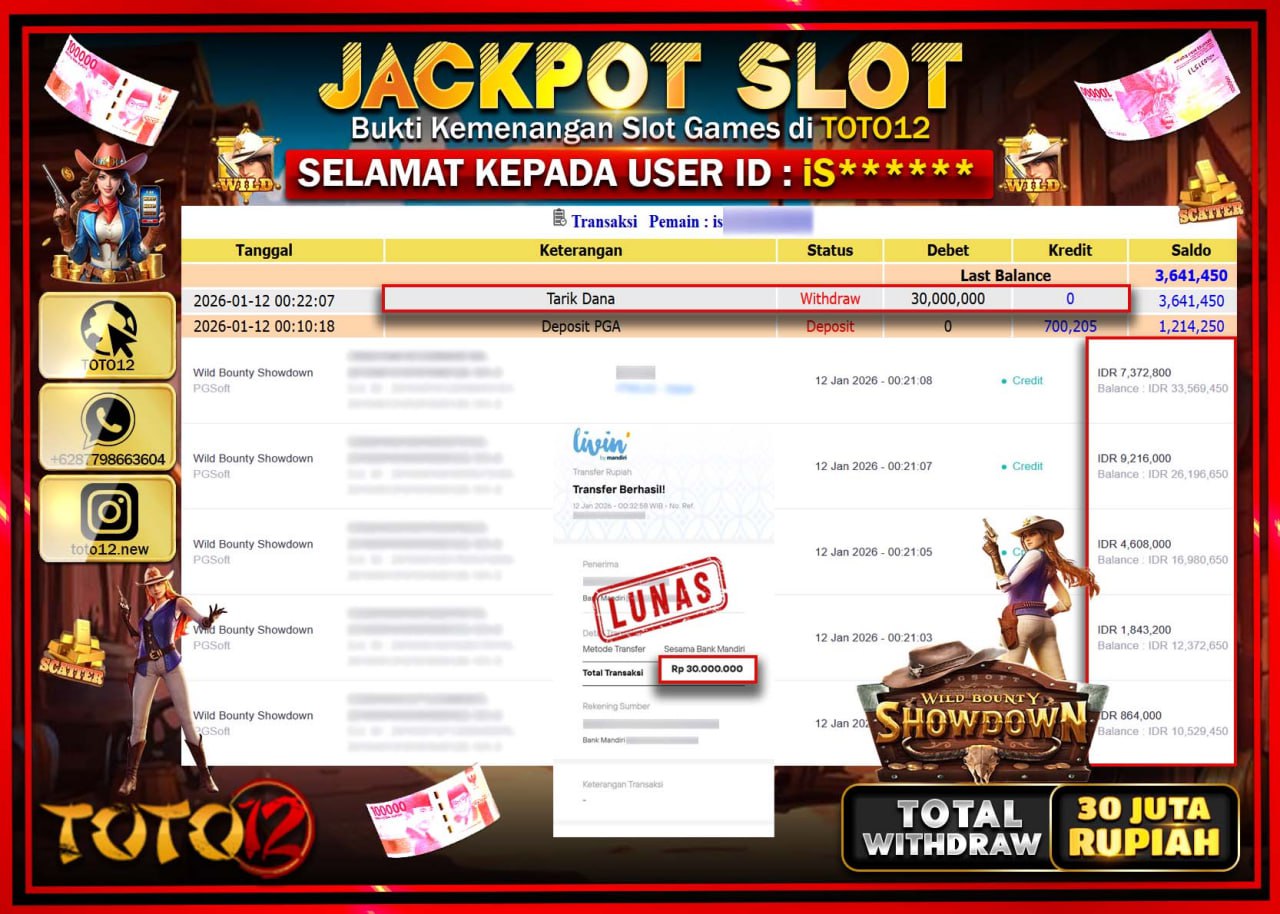 HANYA DI TOTO12 JP PASTI DI BAYAR LUNAS DAN CEPAT!!!!!! JACKPOT SLOT GAME (WILD BOUNTY SHOWDOWN) Rp.30.000.000 !!!!