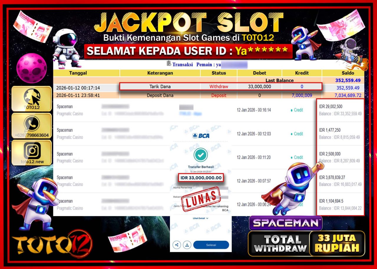 HANYA DI TOTO12 JP PASTI DI BAYAR LUNAS DAN CEPAT!!!!!! JACKPOT SLOT GAME (SPACEMAN) Rp.33.000.000 !!!!