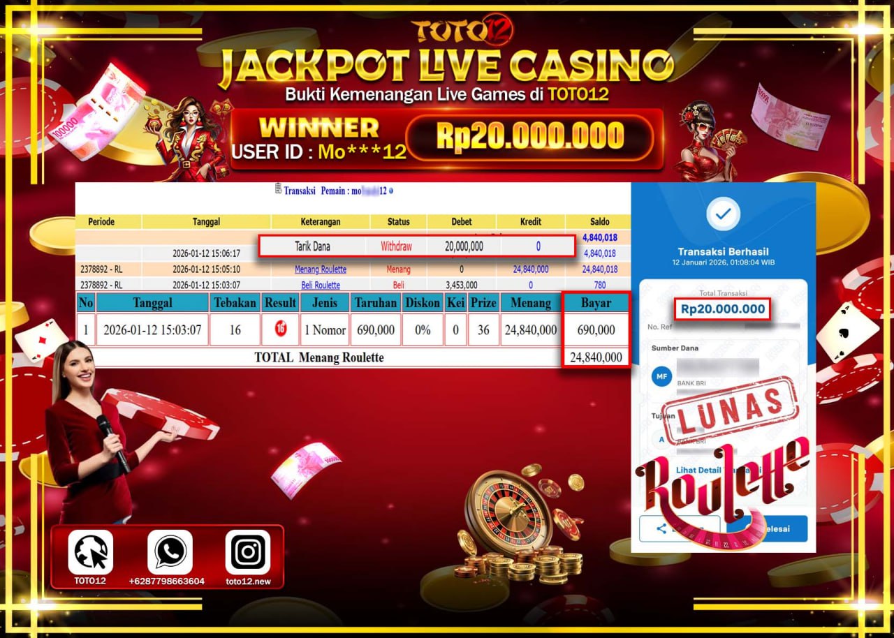 HANYA DI TOTO12 JP PASTI DI BAYAR LUNAS DAN CEPAT!!!!!! JACKPOT LIVE CASINO (ROULETTE) Rp.20.000.000 !!!!