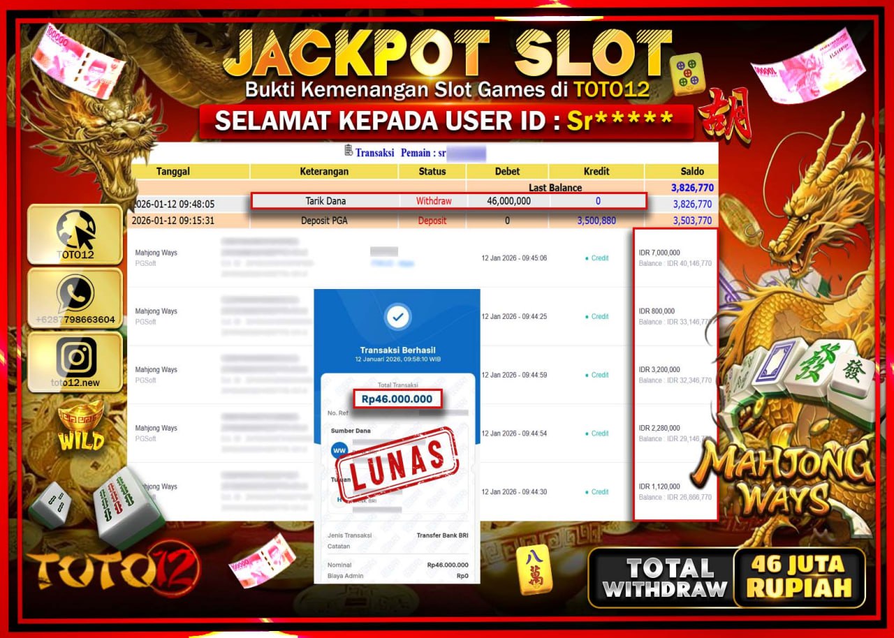 HANYA DI TOTO12 JP PASTI DI BAYAR LUNAS DAN CEPAT!!!!!! JACKPOT SLOT GAME (MAHJONG WAYS) Rp.46.000.000 !!!!