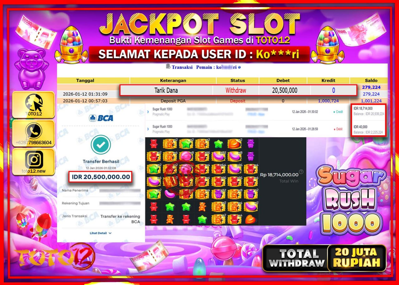 HANYA DI TOTO12 JP PASTI DI BAYAR LUNAS DAN CEPAT!!!!!! JACKPOT SLOT GAME (SUGAR RUSH 1000) Rp.20.500.000 !!!!