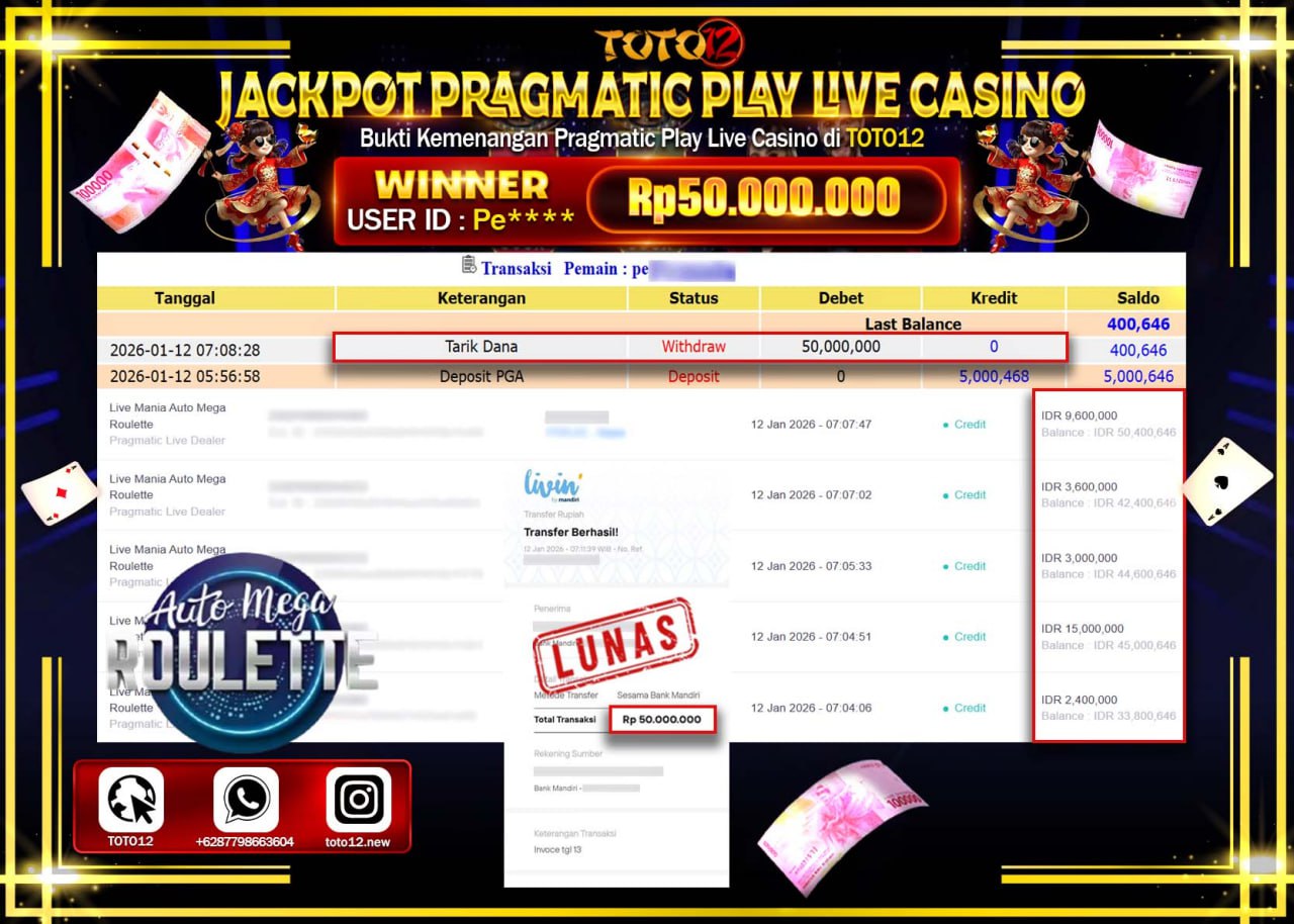 HANYA DI TOTO12 JP PASTI DI BAYAR LUNAS DAN CEPAT!!!!!! JACKPOT PRAGMATIC PLAY LIVE CASINO (AUTO MAGIC ROULETTE) Rp.50.000.000 !!!!