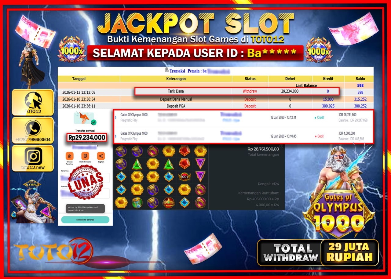 HANYA DI TOTO12 JP PASTI DI BAYAR LUNAS DAN CEPAT!!!!!! JACKPOT SLOT GAME (GATES OF OLYMPUS 1000) Rp.29.234.000 !!!!
