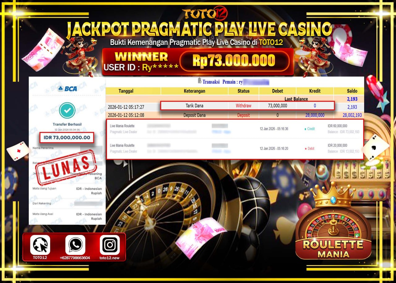 HANYA DI TOTO12 JP PASTI DI BAYAR LUNAS DAN CEPAT!!!!!! JACKPOT PRAGMATIC PLAY LIVE CASINO (MANIA ROULETTE) Rp.73.000.000 !!!!