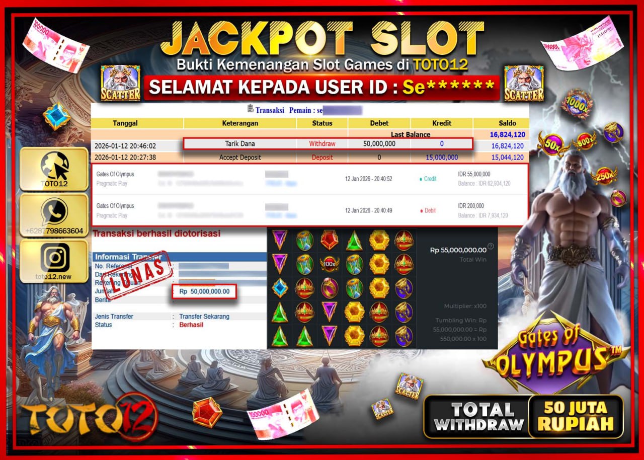 HANYA DI TOTO12 JP PASTI DI BAYAR LUNAS DAN CEPAT!!!!!! JACKPOT SLOT GAME (GATES OF OLYMPUS) Rp.50.000.000 !!!!