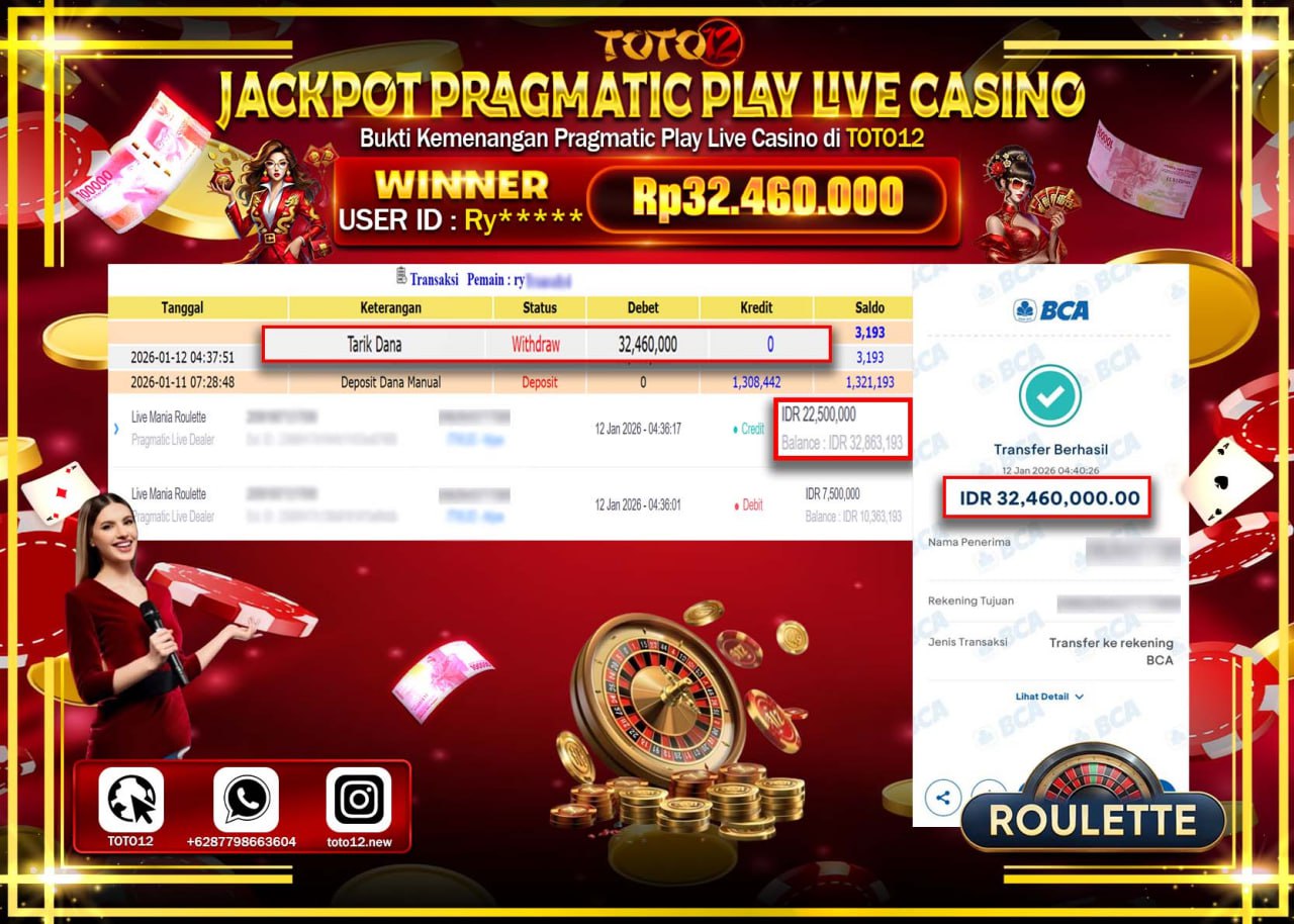 HANYA DI TOTO12 JP PASTI DI BAYAR LUNAS DAN CEPAT!!!!!! JACKPOT PRAGMATIC PLAY LIVE CASINO (ROULETTE) Rp.32.460.000 !!!!