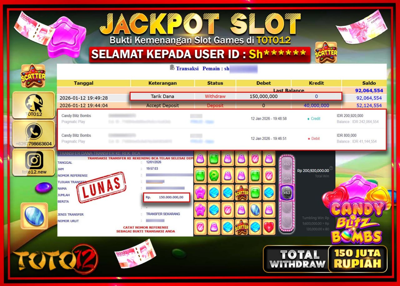 HANYA DI TOTO12 JP PASTI DI BAYAR LUNAS DAN CEPAT!!!!!! JACKPOT SLOT GAME (CANDY BLITZ BOMBS) Rp.150.000.000 !!!!