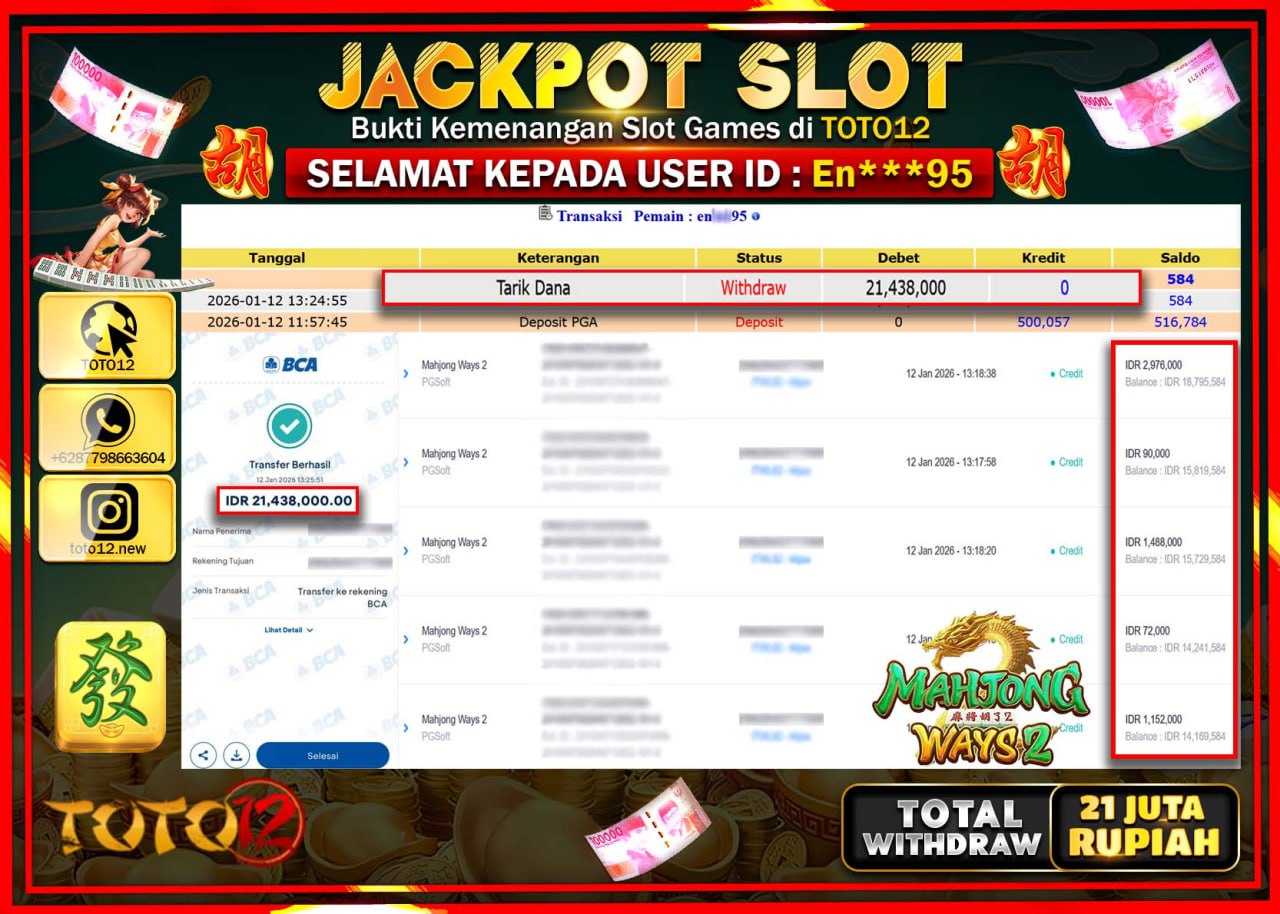 HANYA DI TOTO12 JP PASTI DI BAYAR LUNAS DAN CEPAT!!!!!! JACKPOT SLOT GAME (MAHJONG WAYS 2) Rp.21.438.000 !!!!