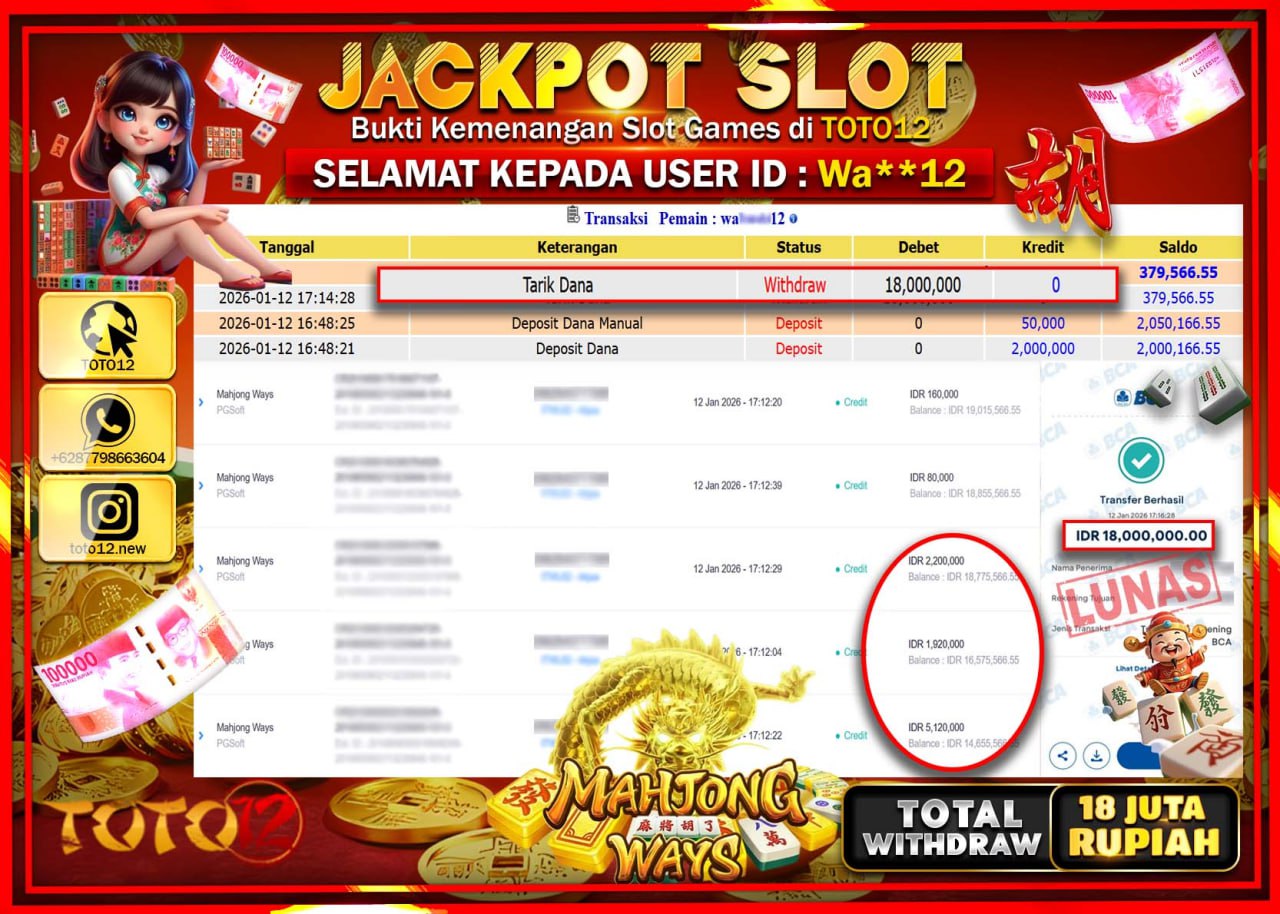 HANYA DI TOTO12 JP PASTI DI BAYAR LUNAS DAN CEPAT!!!!!! JACKPOT SLOT GAME (MAHJONG WAYS) Rp.18.000.000 !!!!