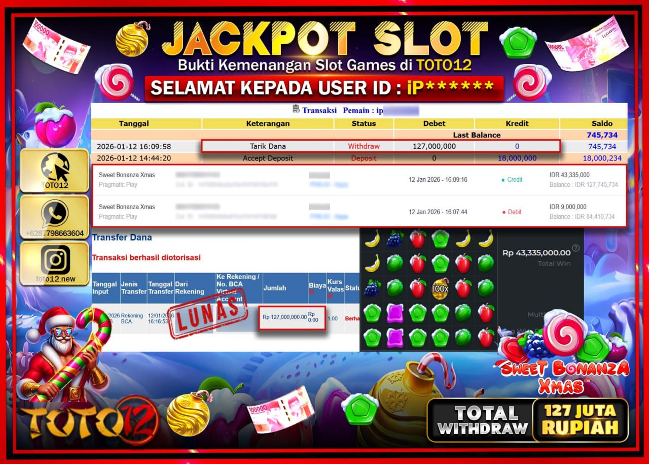 HANYA DI TOTO12 JP PASTI DI BAYAR LUNAS DAN CEPAT!!!!!! JACKPOT SLOT GAME (SWEET BONANZA XMAS) Rp.127.000.000 !!!!