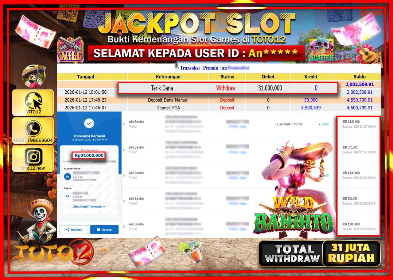 HANYA DI TOTO12 JP PASTI DI BAYAR LUNAS DAN CEPAT!!!!!! JACKPOT SLOT GAME (WILD BANDITO) Rp.31.000.000 !!!!