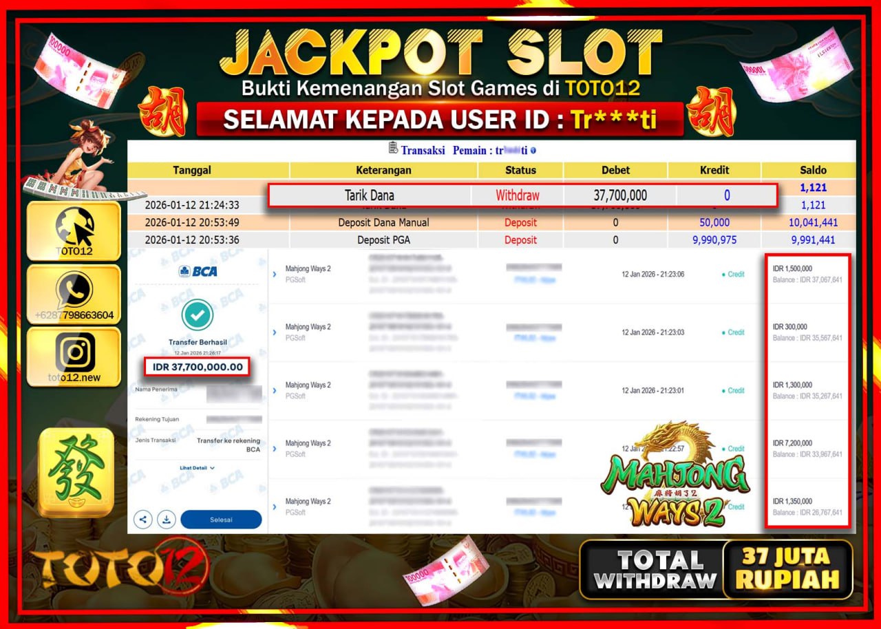 HANYA DI TOTO12 JP PASTI DI BAYAR LUNAS DAN CEPAT!!!!!! JACKPOT SLOT GAME (MAHJONG WAYS 2) Rp.37.700.000 !!!!