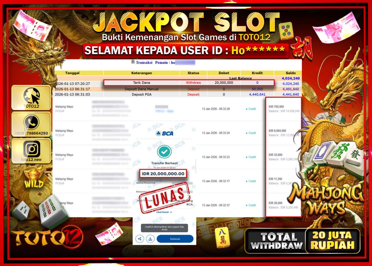 HANYA DI TOTO12 JP PASTI DI BAYAR LUNAS DAN CEPAT!!!!!! JACKPOT SLOT GAME (MAHJONG WAYS) Rp.20.000.000 !!!!
