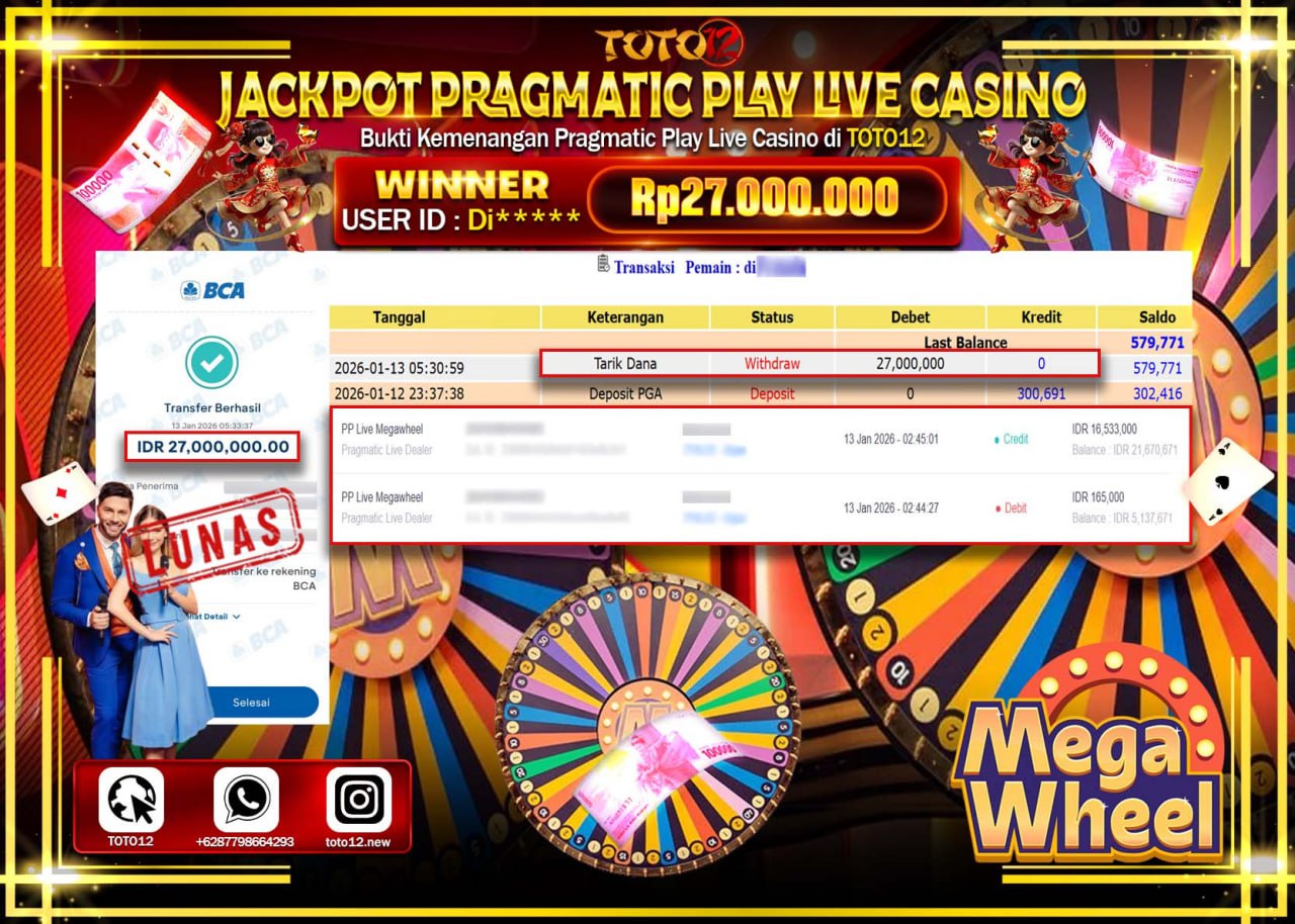 HANYA DI TOTO12 JP PASTI DI BAYAR LUNAS DAN CEPAT!!!!!! JACKPOT PRAGMATIC PLAY LIVE CASINO (MEGA WHEEL) Rp.27.000.000 !!!!