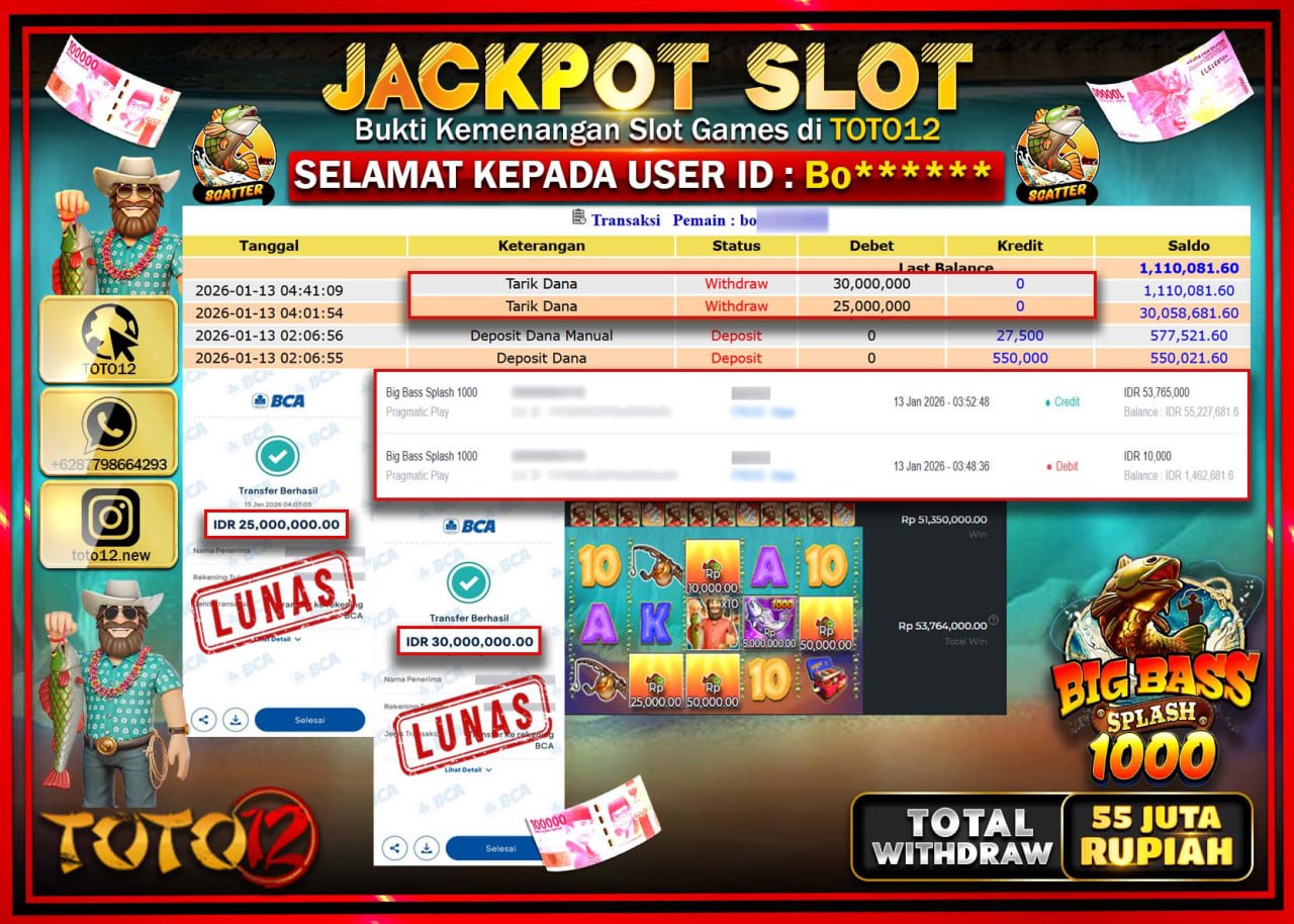 HANYA DI TOTO12 JP PASTI DI BAYAR LUNAS DAN CEPAT!!!!!! JACKPOT SLOT GAME (BIG BASS SPLASH 1000) Rp.55.000.000 !!!!