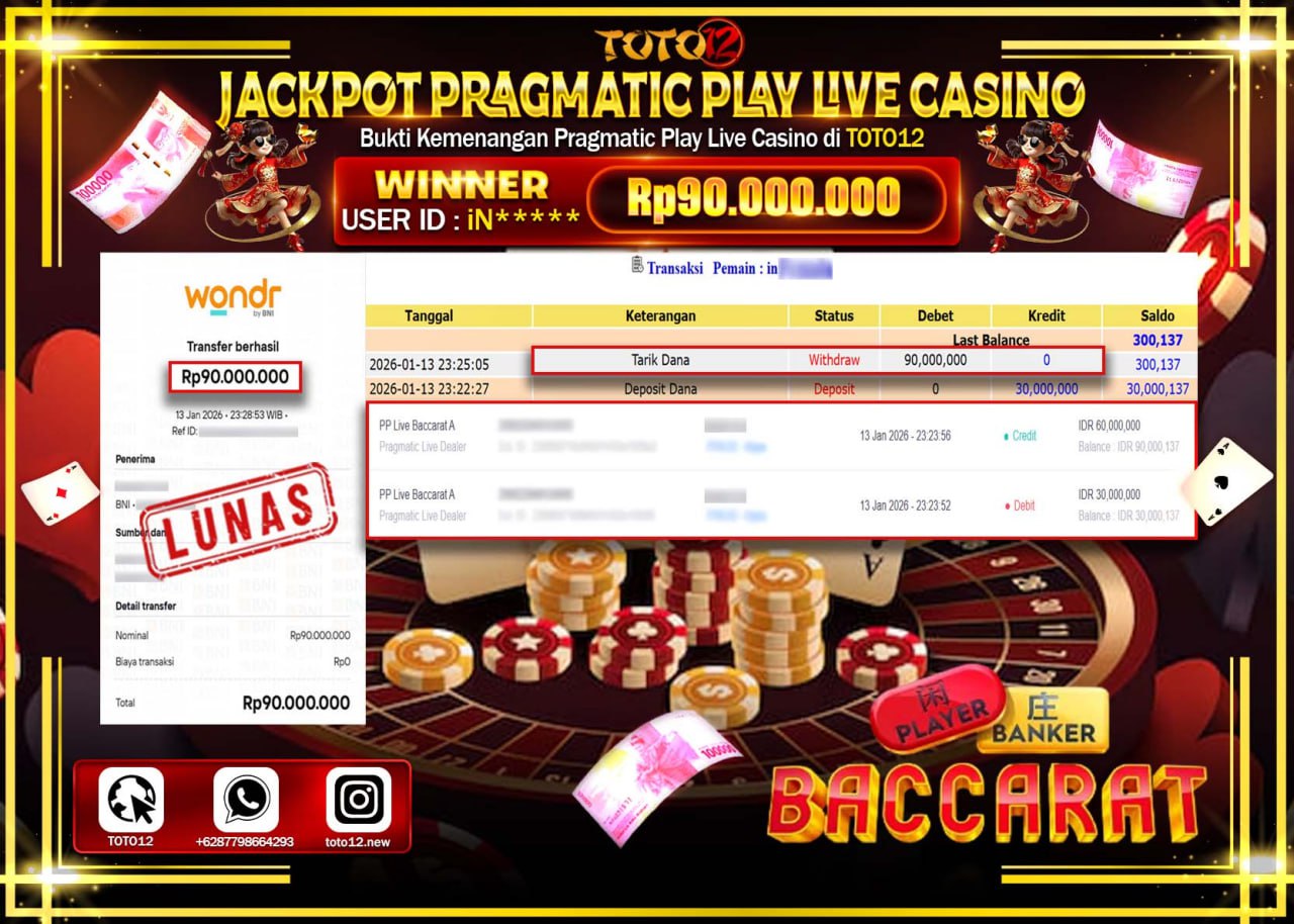 HANYA DI TOTO12 JP PASTI DI BAYAR LUNAS DAN CEPAT!!!!!! JACKPOT PRAGMATIC PLAY LIVE CASINO (LIVE BACCARAT) Rp.90.000.000 !!!!