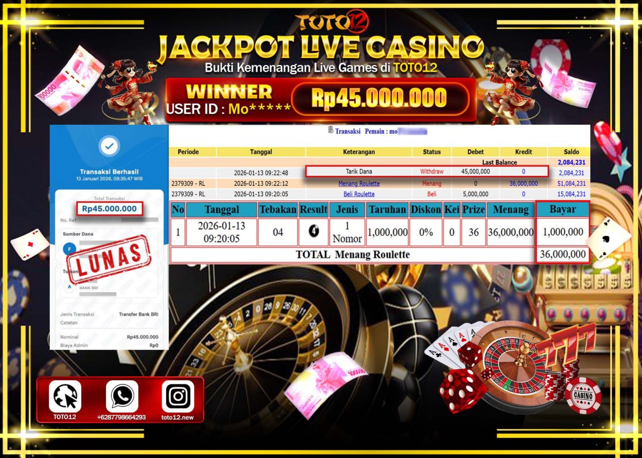 HANYA DI TOTO12 JP PASTI DI BAYAR LUNAS DAN CEPAT!!!!!! JACKPOT LIVE CASINO (ROULETTE) Rp.45.000.000 !!!!