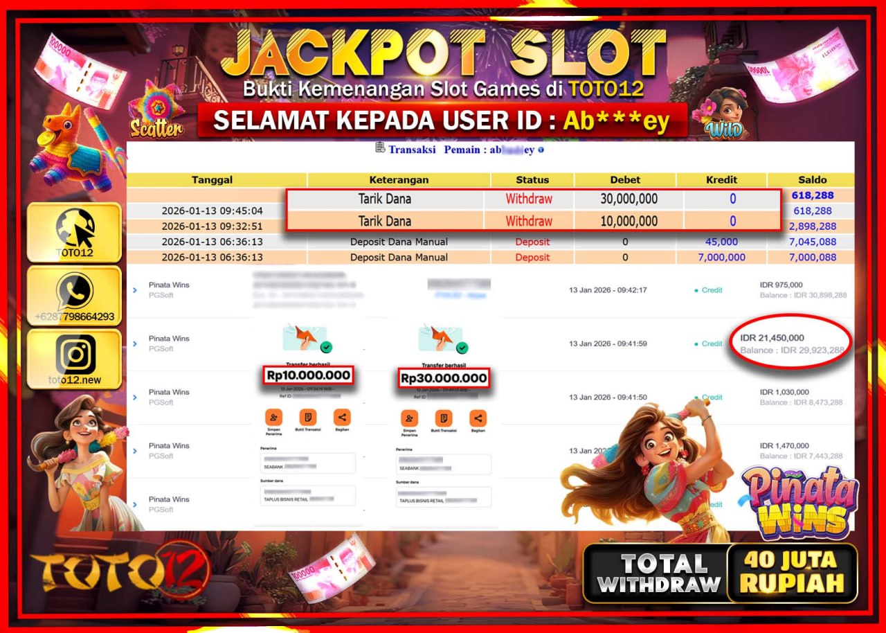 HANYA DI TOTO12 JP PASTI DI BAYAR LUNAS DAN CEPAT!!!!!! JACKPOT SLOT GAME (PINATA WINS) Rp.40.000.000 !!!!