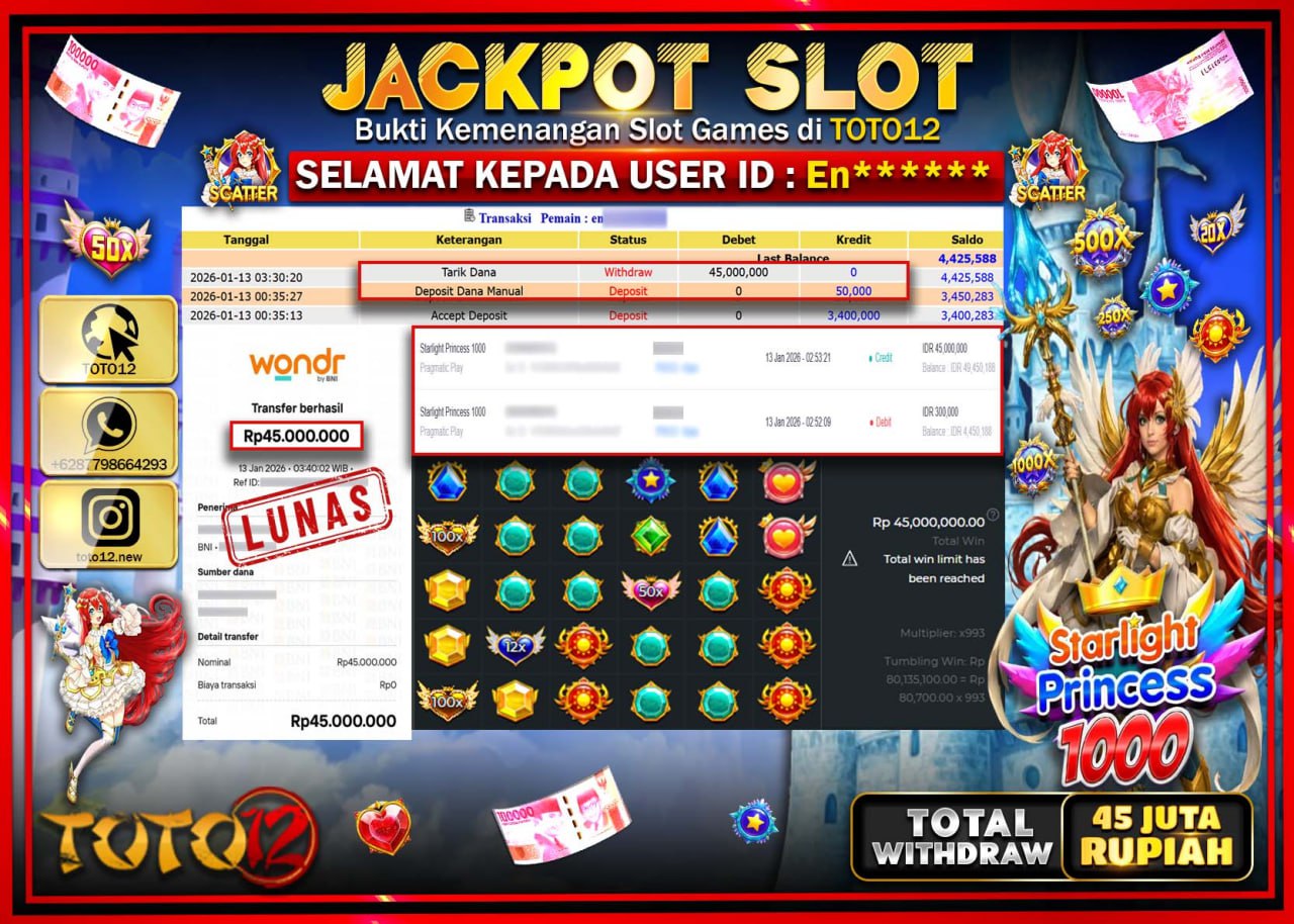 HANYA DI TOTO12 JP PASTI DI BAYAR LUNAS DAN CEPAT!!!!!! JACKPOT SLOT GAME (STARLIGHT PRINCESS 1000) Rp.45.000.000 !!!!