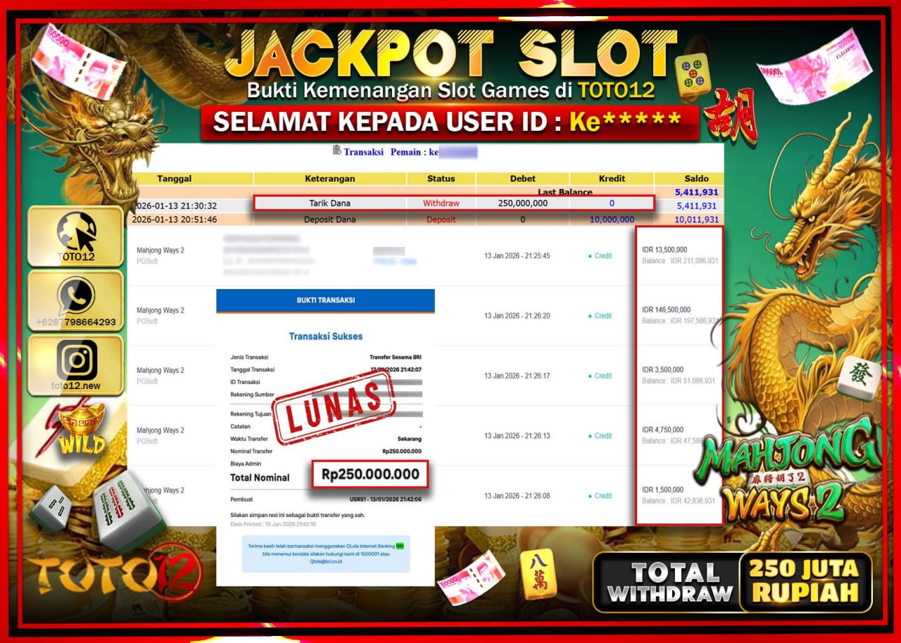 HANYA DI TOTO12 JP PASTI DI BAYAR LUNAS DAN CEPAT!!!!!! JACKPOT SLOT GAME (MAHJONG WAYS 2) Rp.250.000.000 !!!!
