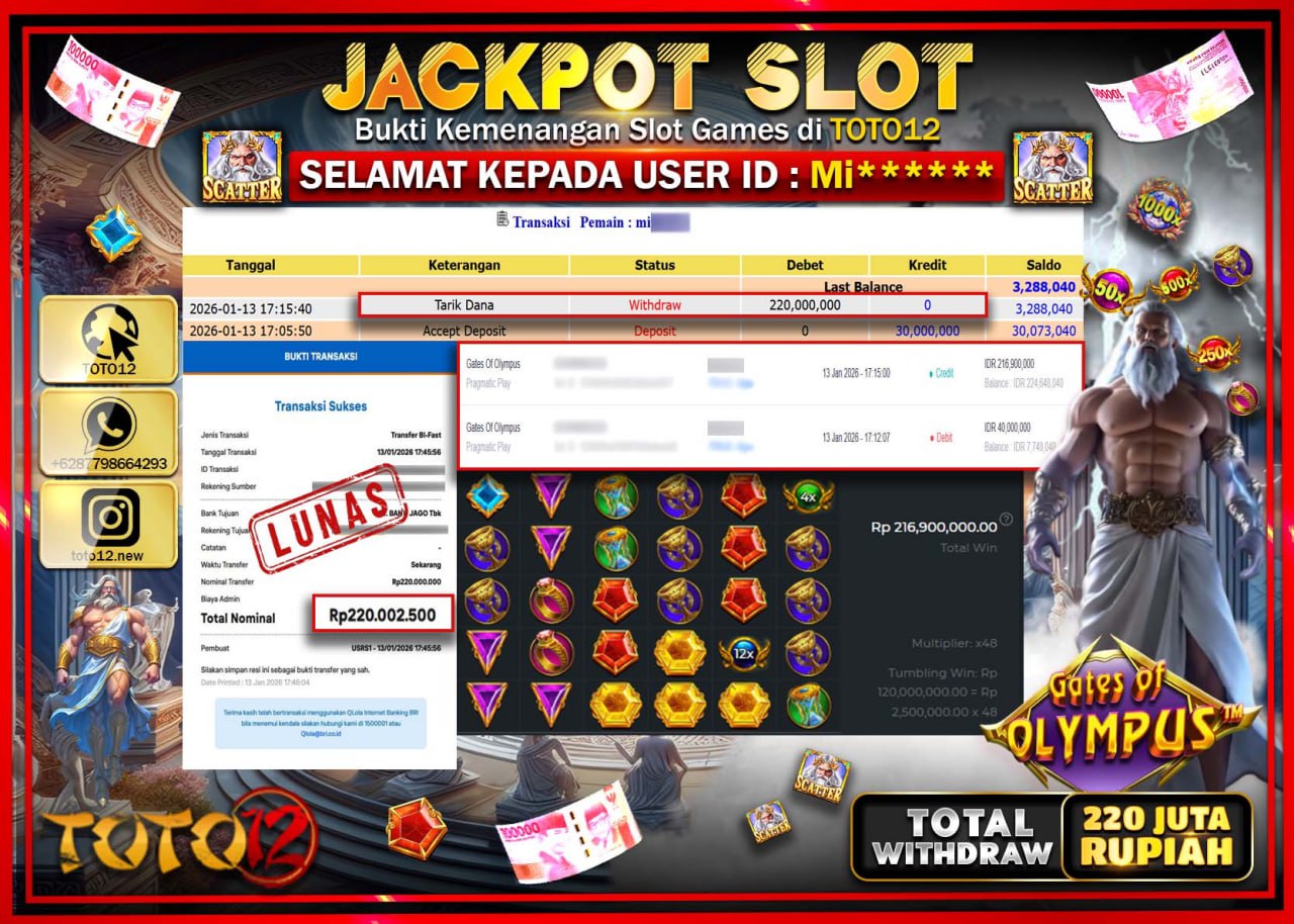 HANYA DI TOTO12 JP PASTI DI BAYAR LUNAS DAN CEPAT!!!!!! JACKPOT SLOT GAME (GATES OF OLYMPUS) Rp.220.000.000 !!!!