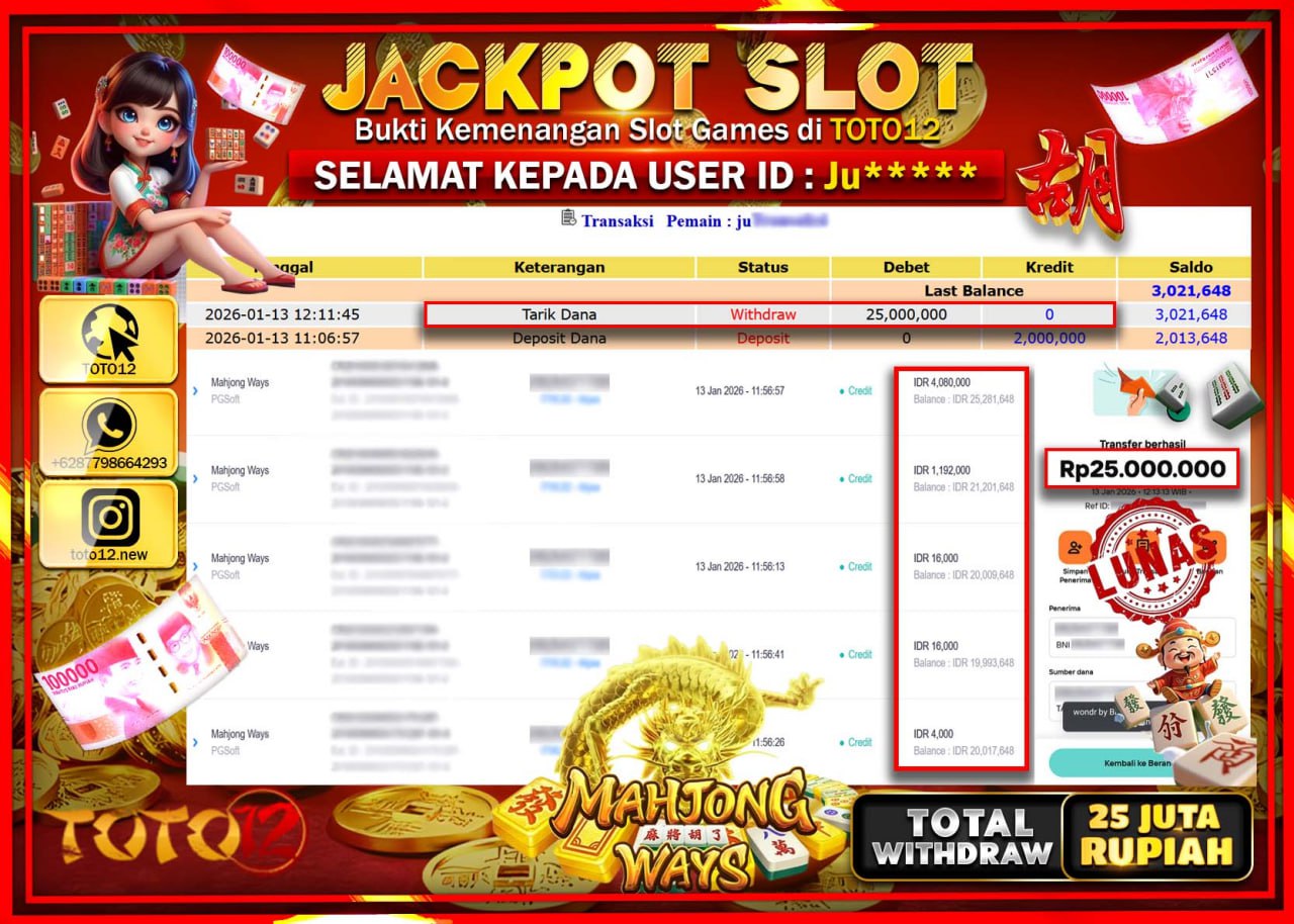 HANYA DI TOTO12 JP PASTI DI BAYAR LUNAS DAN CEPAT!!!!!! JACKPOT SLOT GAME (MAHJONG WAYS) Rp.25.000.000 !!!!