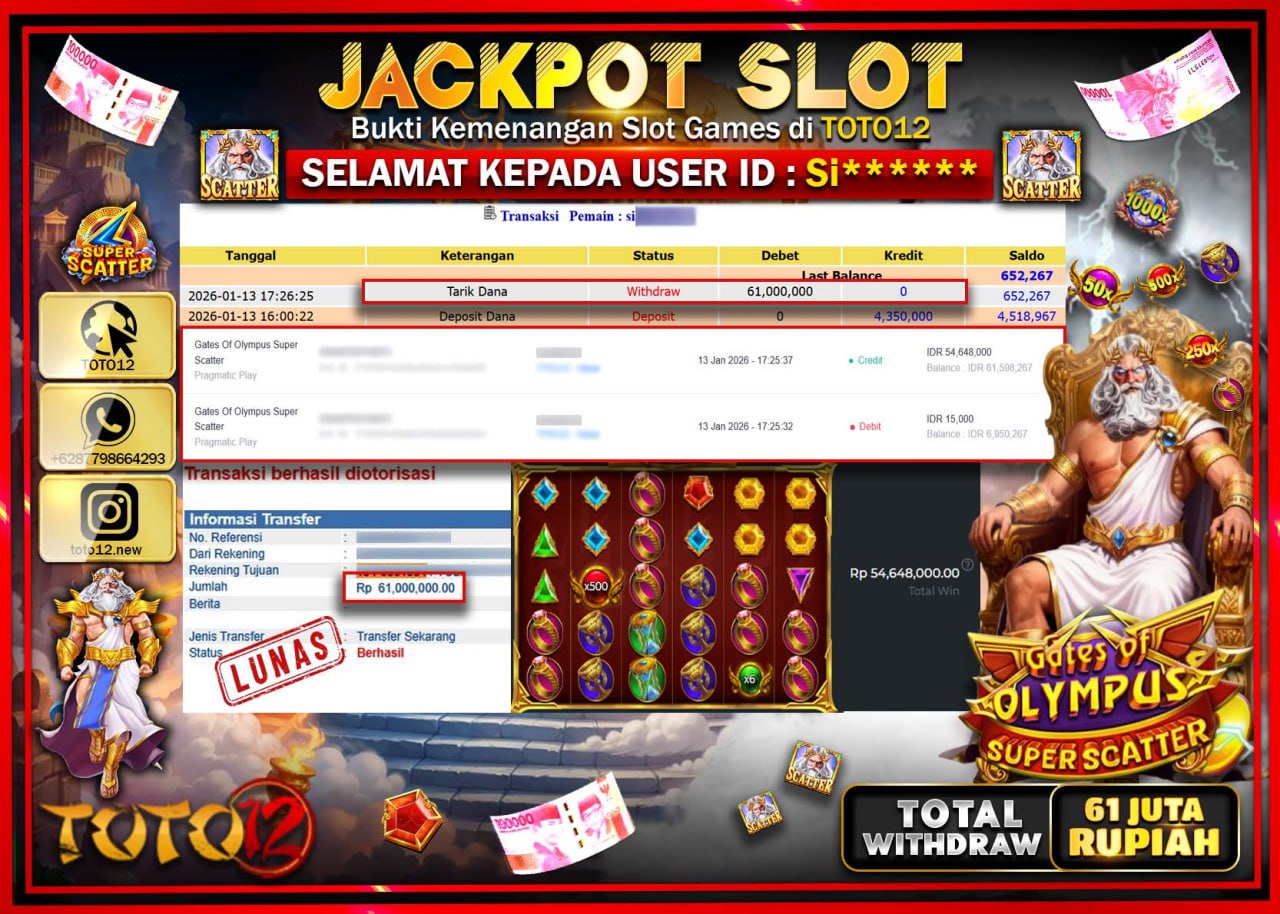 HANYA DI TOTO12 JP PASTI DI BAYAR LUNAS DAN CEPAT!!!!!! JACKPOT SLOT GAME (GATES OF OLYMPUS SUPER SCATTER) Rp.61.000.000 !!!!