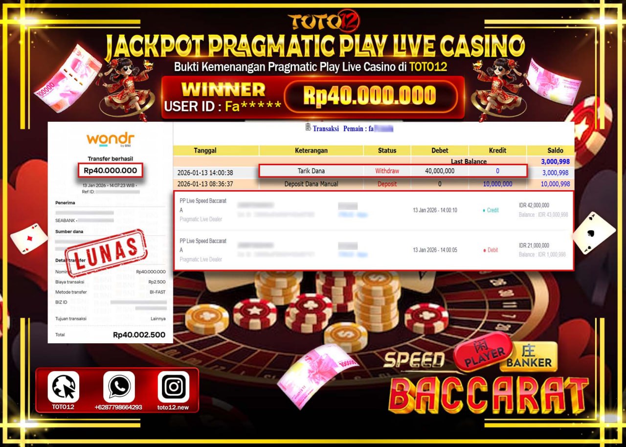 HANYA DI TOTO12 JP PASTI DI BAYAR LUNAS DAN CEPAT!!!!!! JACKPOT PRAGMATIC PLAY LIVE CASINO (SPEED BACCARAT) Rp.40.000.000 !!!!