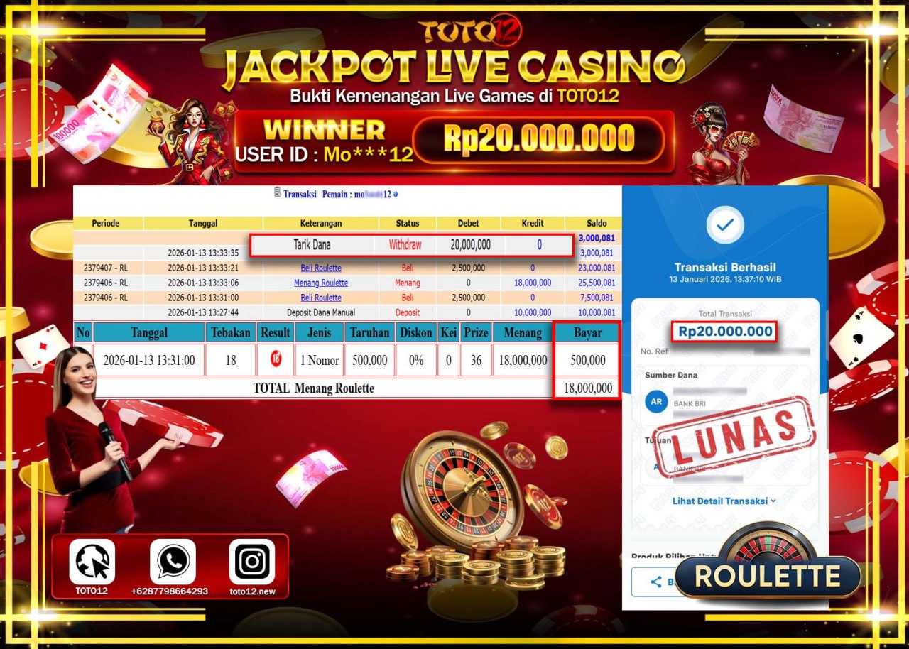 HANYA DI TOTO12 JP PASTI DI BAYAR LUNAS DAN CEPAT!!!!!! JACKPOT LIVE CASINO (ROULETTE) Rp.20.000.000 !!!!