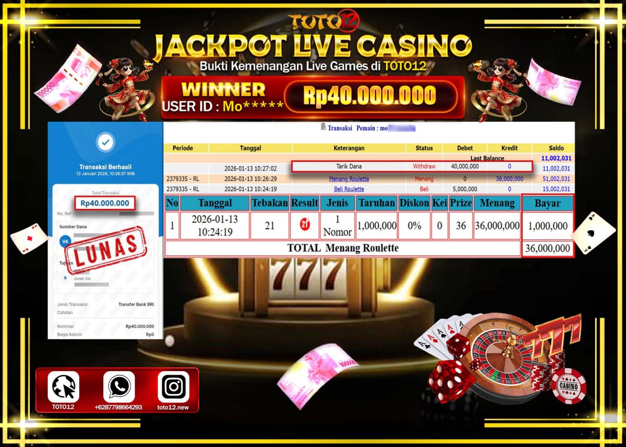 HANYA DI TOTO12 JP PASTI DI BAYAR LUNAS DAN CEPAT!!!!!! JACKPOT LIVE CASINO (ROULETTE) Rp.40.000.000 !!!!