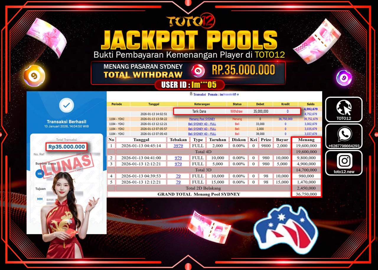 HANYA DI TOTO12 JP PASTI DI BAYAR LUNAS DAN CEPAT!!!!!! JACKPOT POOLS PASARAN (SYDNEY) Rp.35.000.000 !!!!