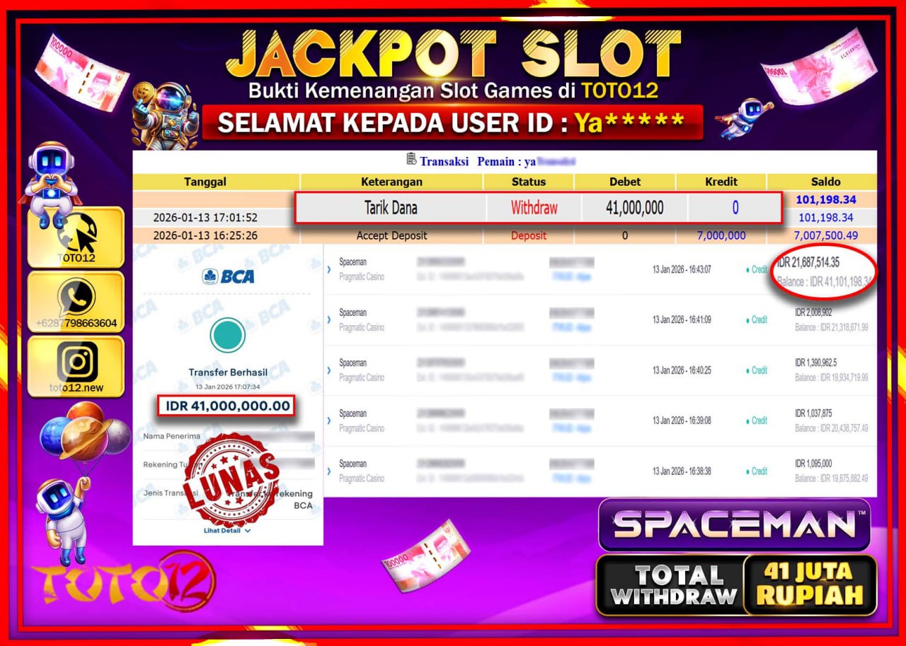 HANYA DI TOTO12 JP PASTI DI BAYAR LUNAS DAN CEPAT!!!!!! JACKPOT SLOT GAME (SPACEMAN) Rp.41.000.000 !!!!