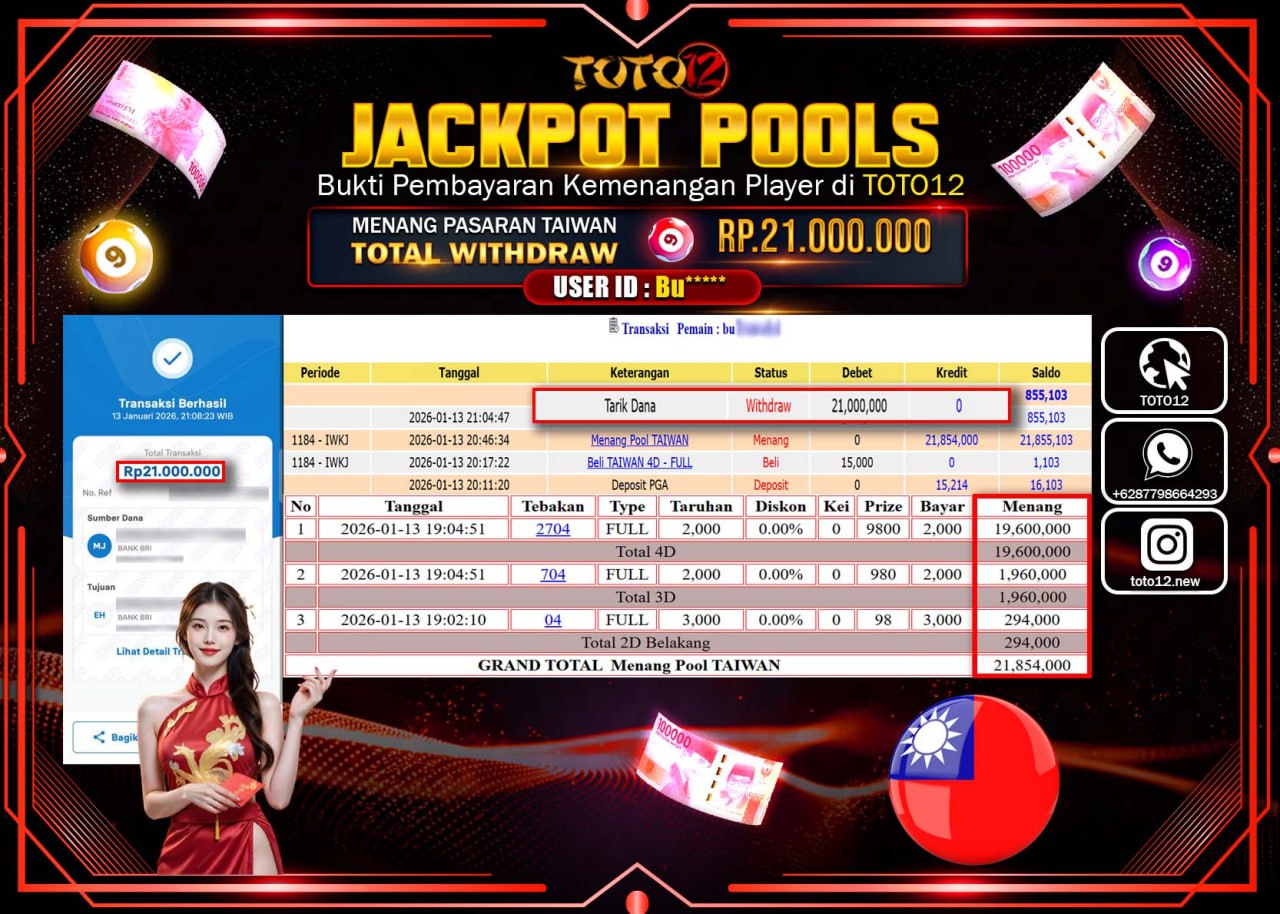 HANYA DI TOTO12 JP PASTI DI BAYAR LUNAS DAN CEPAT!!!!!! JACKPOT POOLS PASARAN (TAIWAN) Rp.21.000.000 !!!!