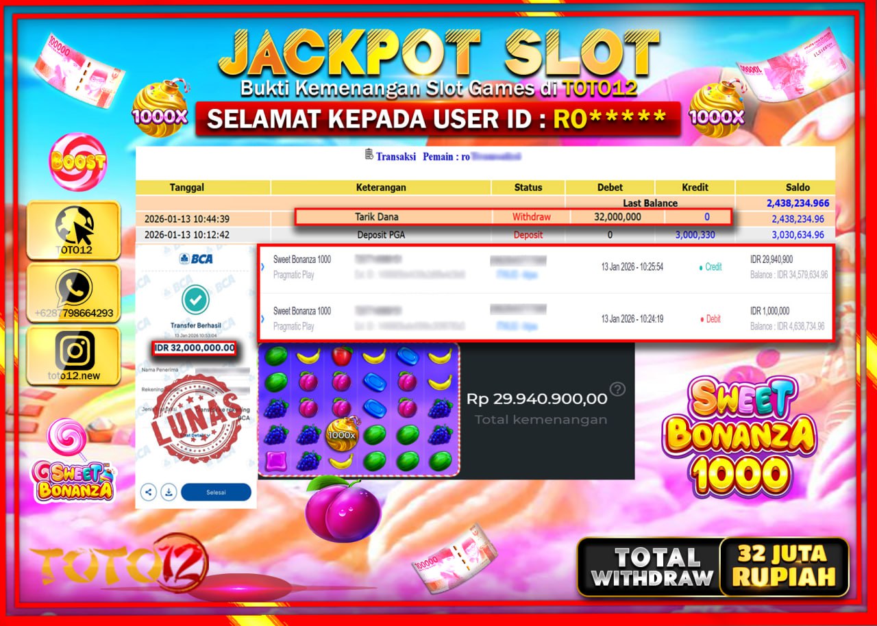 HANYA DI TOTO12 JP PASTI DI BAYAR LUNAS DAN CEPAT!!!!!! JACKPOT SLOT GAME (SWEET BONANZA 1000) Rp.32.000.000 !!!!