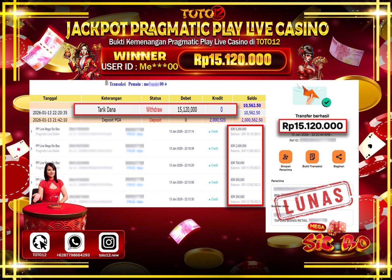 HANYA DI TOTO12 JP PASTI DI BAYAR LUNAS DAN CEPAT!!!!!! JACKPOT PRAGMATIC PLAY LIVE CASINO (MEGA SIC BO) Rp.15.120.000 !!!!