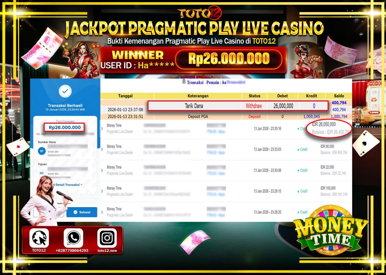 HANYA DI TOTO12 JP PASTI DI BAYAR LUNAS DAN CEPAT!!!!!! JACKPOT PRAGMATIC PLAY LIVE CASINO (MONEY TIME) Rp.26.000.000 !!!!
