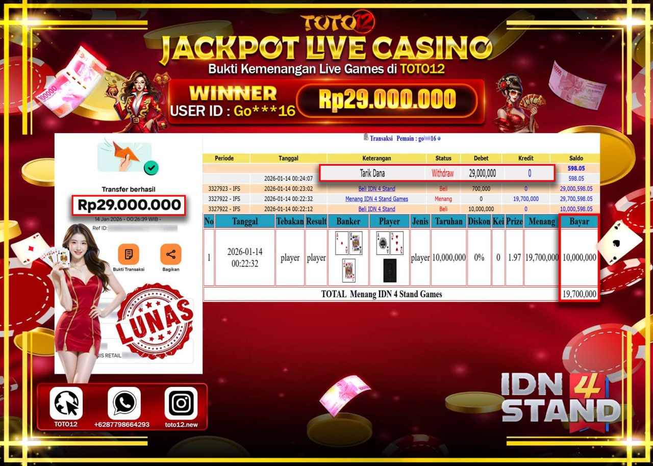 HANYA DI TOTO12 JP PASTI DI BAYAR LUNAS DAN CEPAT!!!!!! JACKPOT LIVE CASINO (IDN 4 STAND) Rp.29.000.000 !!!!