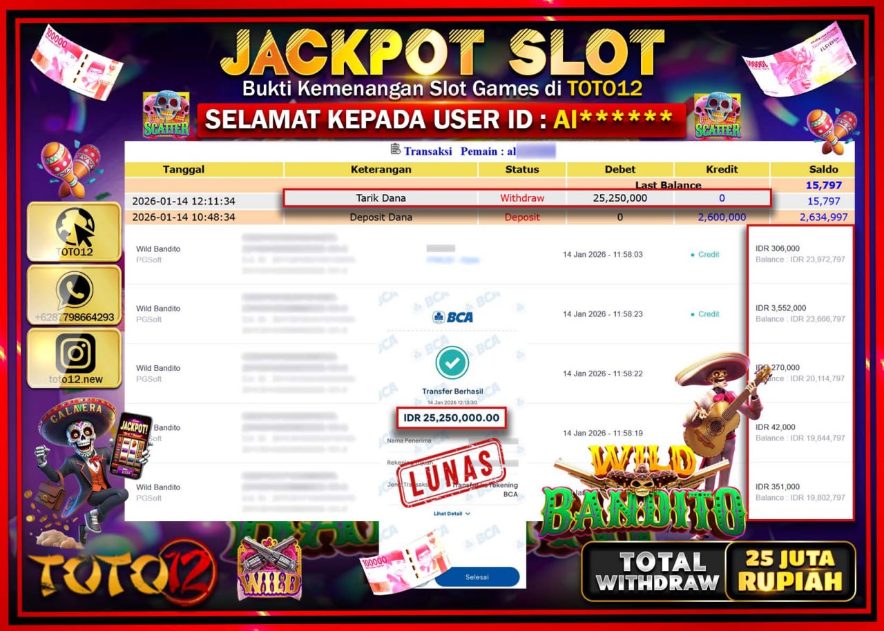 HANYA DI TOTO12 JP PASTI DI BAYAR LUNAS DAN CEPAT!!!!!! JACKPOT SLOT GAME (WILD BANDITO) Rp.25.250.000 !!!!