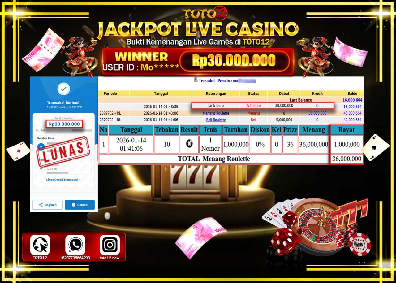 HANYA DI TOTO12 JP PASTI DI BAYAR LUNAS DAN CEPAT!!!!!! JACKPOT LIVE CASINO (ROULETTE) Rp.30.000.000 !!!!