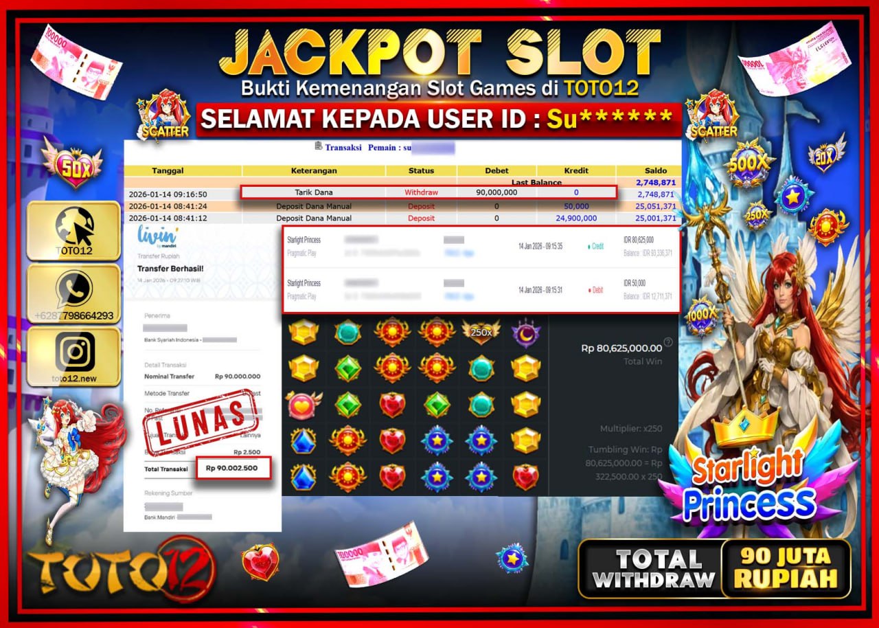HANYA DI TOTO12 JP PASTI DI BAYAR LUNAS DAN CEPAT!!!!!! JACKPOT SLOT GAME (STARLIGHT PRINCESS) Rp.90.000.000 !!!!
