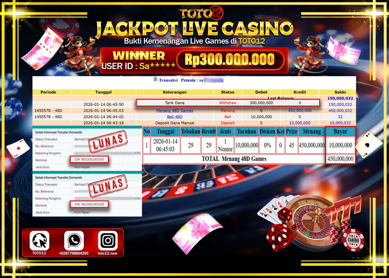 HANYA DI TOTO12 JP PASTI DI BAYAR LUNAS DAN CEPAT!!!!!! JACKPOT LIVE CASINO (48D GAMES) Rp.300.000.000 !!!!