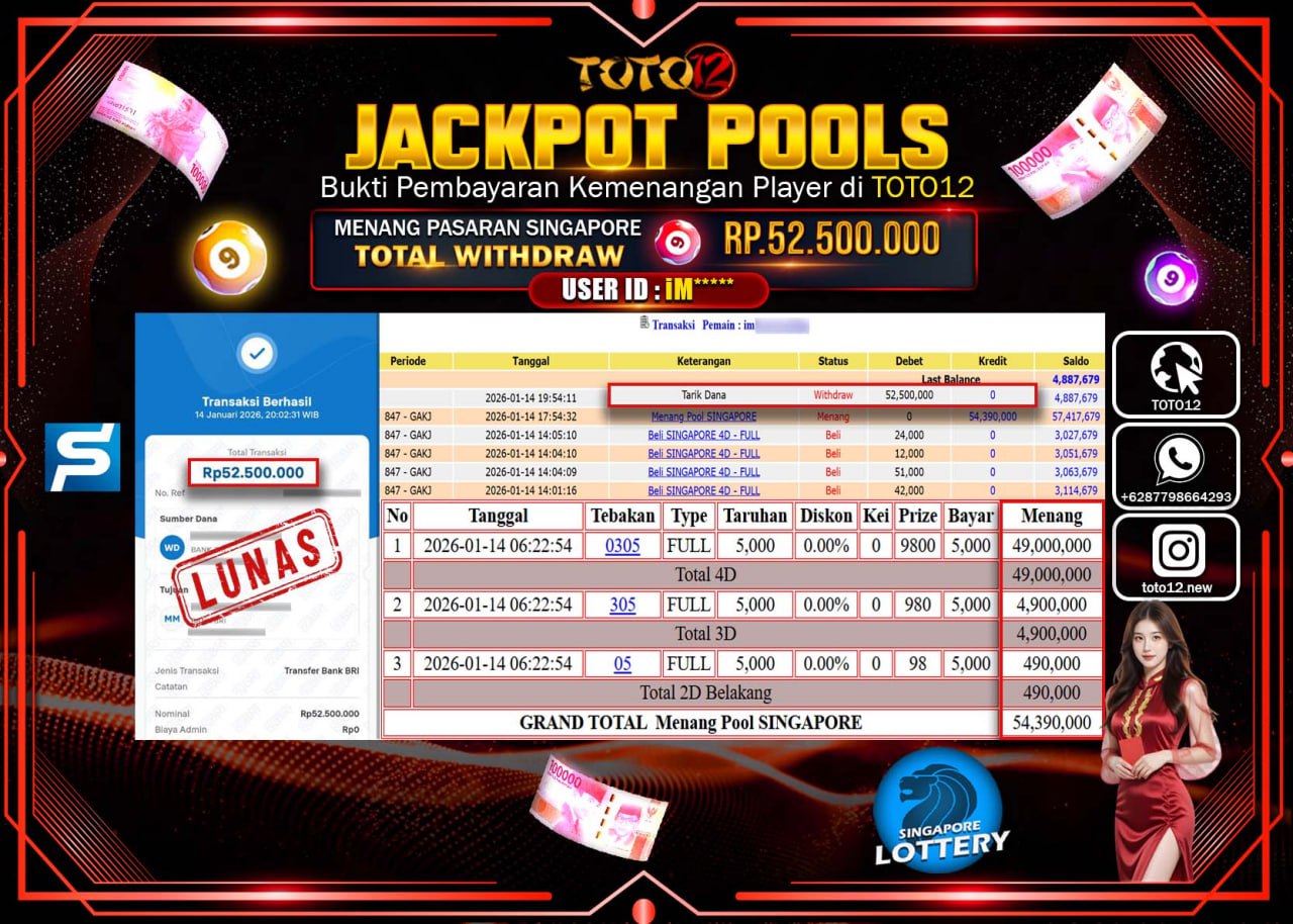 HANYA DI TOTO12 JP PASTI DI BAYAR LUNAS DAN CEPAT!!!!!! JACKPOT POOLS PASARAN (SINGAPORE) Rp.52.500.000 !!!!
