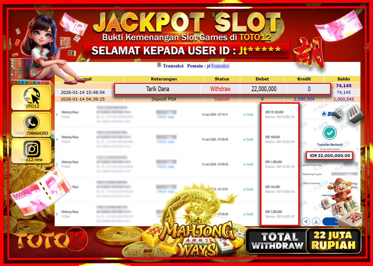 HANYA DI TOTO12 JP PASTI DI BAYAR LUNAS DAN CEPAT!!!!!! JACKPOT SLOT GAME (MAHJONG WAYS) Rp.22.000.000 !!!!