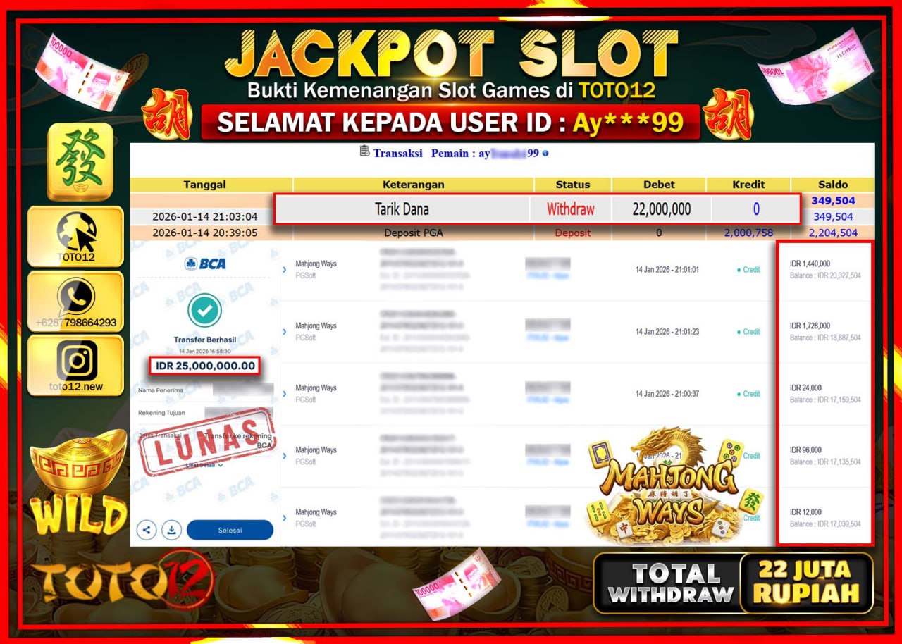 HANYA DI TOTO12 JP PASTI DI BAYAR LUNAS DAN CEPAT!!!!!! JACKPOT SLOT GAME (MAHJONG WAYS) Rp.22.000.000 !!!!