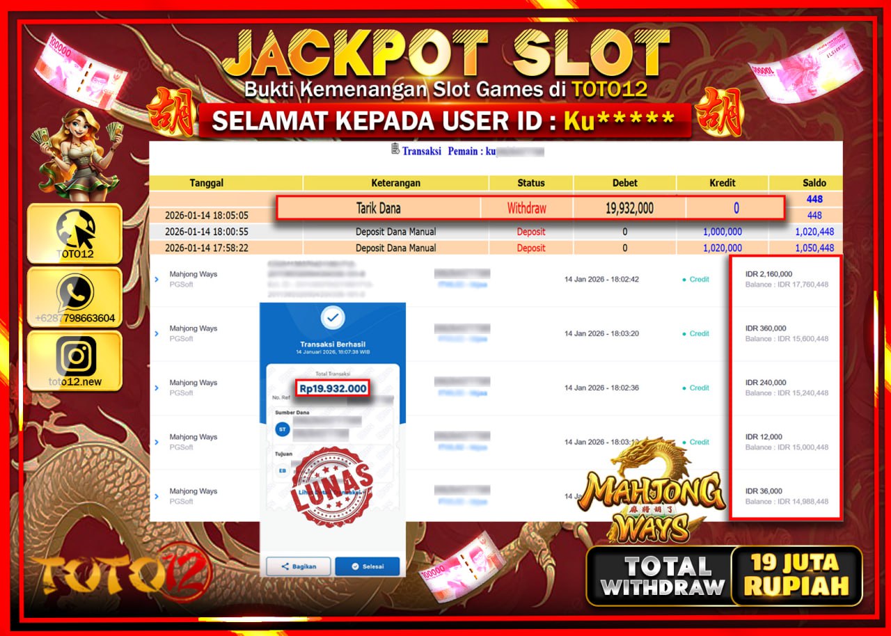 HANYA DI TOTO12 JP PASTI DI BAYAR LUNAS DAN CEPAT!!!!!! JACKPOT SLOT GAME (MAHJONG WAYS) Rp.19.932.000 !!!!